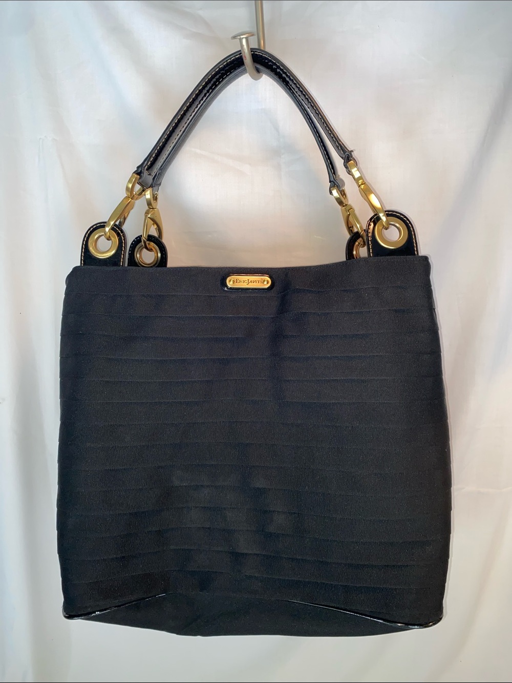Eric Javits Black Pleated Nylon Tote with Gold Hardware